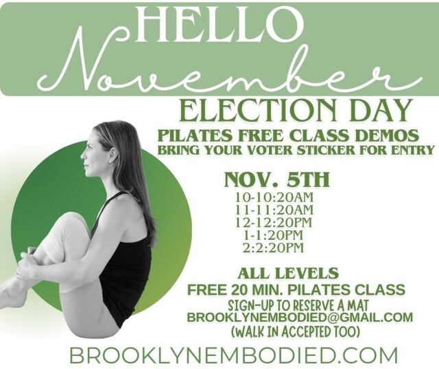 A great opportunity to try #pilatesmat class FREE on ELECTION DAY with Lisa, the owner of @brooklynembodied. She specializes in injury prevention, pre/postnatal pilates, and diastasis recti repair.  Also enjoy  cooking demo at @theorganicteachingkitchen where Susan will be making sweet truffles, the refined sugars. Kids welcomed. #wellensslife #pilates #crotononthehudson #westchester #healthyfoodswaps @mindfulcroton